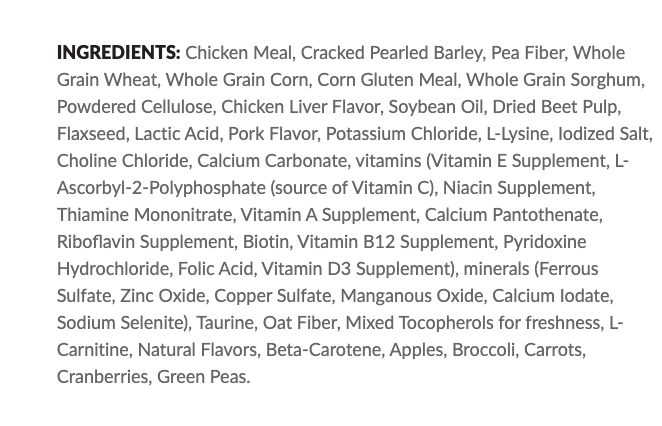 Brand B ingredients list in Furry Logic Dog Training Dog Food comparison