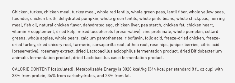 Brand C ingredients list in Furry Logic Dog Training Dog Food comparison